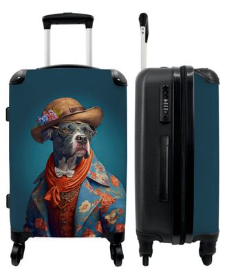 Großer Koffer - 90 Liter - Hund - Jacke - Blumen - Hut - Blau - Trolley - Reisekoffer