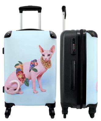 Großer Koffer - 90 Liter - Katze - Blumen - Goldkette - Blau - Trolley - Reisekoffer