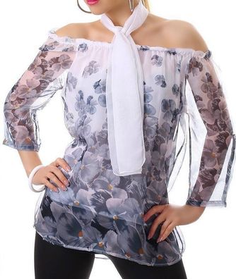 Sexy Miss Damen Chiffon Long Bluse Shirt Flower Tunika Schal L/ XL 38/40 TOP grau