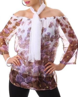 Sexy Miss Damen Chiffon Long Bluse Shirt Flower Tunika Schal 34/36 38/40 TOP