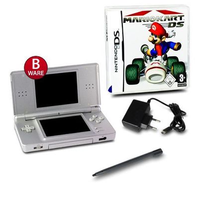 Nintendo DS Lite Handheld Konsole Silber #73B + ähnl Ladekabel + Mario Kart DS