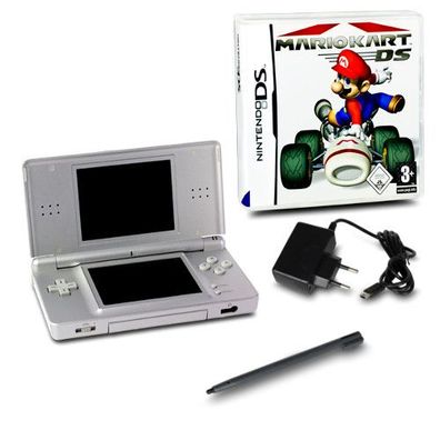 Nintendo DS Lite Handheld Konsole silber #73A + Ladekabel + Spiel Mario Kart DS