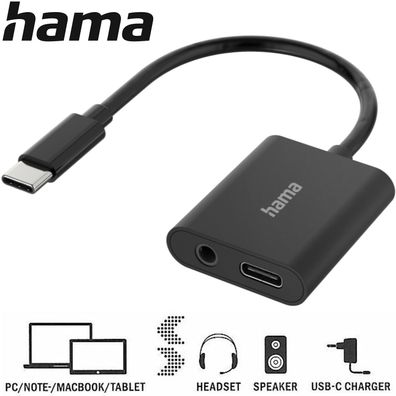 Hama 2in1 USB-C auf USB-C + 3,5mm Audio AUX Adapter Splitter Hub Hifi Audio NEU