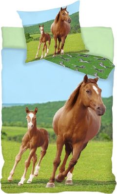 Bettwäsche Set mit Pferd mit Fohlen 2 tlg. 135x200 cm (80x80 cm)