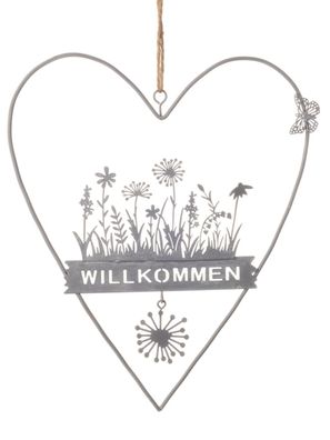 Hänger Herz Blumenwiese Willkommen | Hängedeko Haus Garten | Metall grau | 26 cm