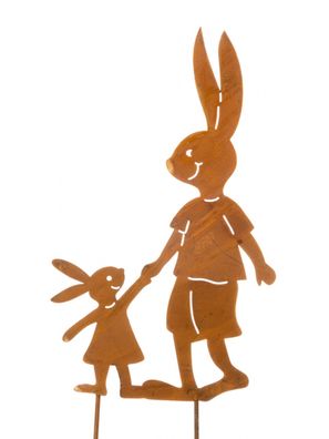 Gartenstecker Hase mit Kind | Naturrost Blumenstecker Gartendekoration | 42x31cm