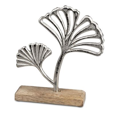 Gingkoblatt Metall auf Holzsockel | Aufsteller Dekofigur Dekoobjekt Gingko 22cm