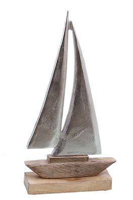 Dekoobjekt Segelschiff | maritim Metalldeko auf Holzsockel | Boot | 16x30 cm