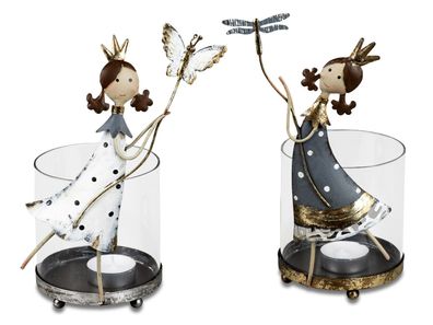 Windlicht Prinzessin grau mit Krone und Libelle | Metall Figur Deko | 23x15 cm