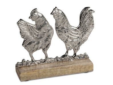 Hühnerpaar Metall auf Holzsockel | Huhn Hahn Frühling Ostern Dekoobjekt 13x14cm