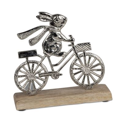 Hase auf Fahrrad | Metall auf Holzsockel | Ostern Osterhase Dekoobjekt 18x18 cm