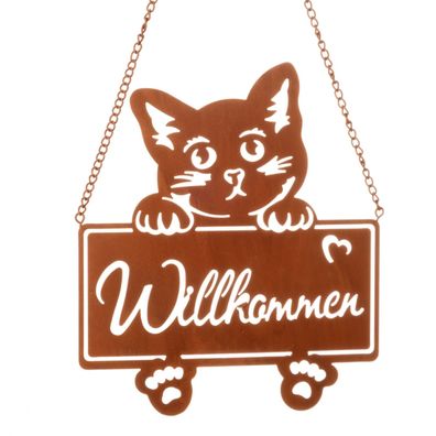 Dekohänger Katze Willkommen braun | Metall Rostoptik | Haus Garten | 46x22cm