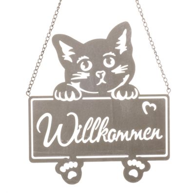 Dekohänger Katze Willkommen Metall | grau 20x22 cm | Gartendeko Fensterdeko