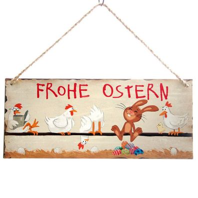 Schild Frohe Ostern mit Hühnern und Hase | Metallschild Hängedeko Türschild 30cm