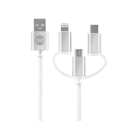3in1 USB - iPhone + USB-C + microUSB Ladekabel Datenkabel 1.2m 20W 3A Weiß