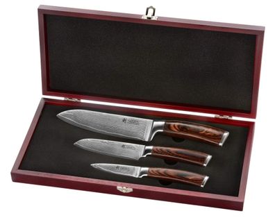 Wakoli EDIB 3er Damast Messer Set 8 bis 17 cm Klingen Küchenmesser Pakkaholzgriffe