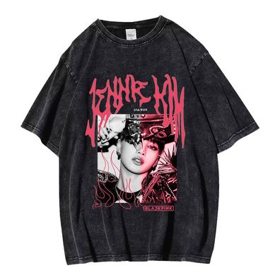 Herren Damen T-shirt Kpop Blackpink Vintage Tee Lisa Druck Kurzarm Rundhals Top