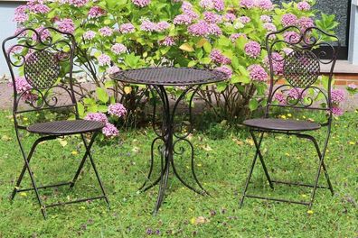 Gartenset Tisch + 2x Stuhl Eisen Gartengarnitur braun Bistroset Metall Garten Set