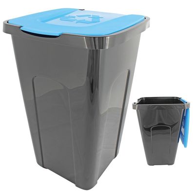 Abfalltonne Recycling, 50 Liter, 56 x 36 x 36cm, Mülleimer Tonne Schwarz, Deckel BLAU