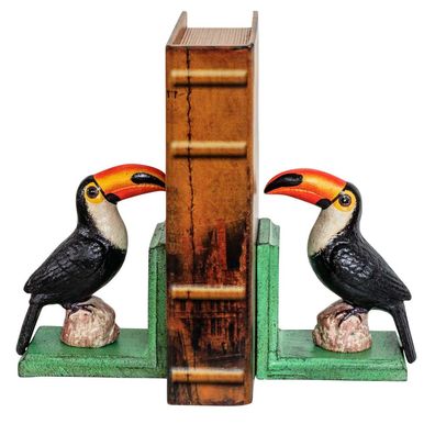 2 Buchstützen Buchständer Tukan Vogel Figur Skulptur Eisen 16cm Antik-Stil