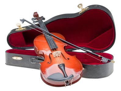 Miniatur Geige 25cm Violine mit Bogen und Koffer Deko Antik-Stil ohne Funktion