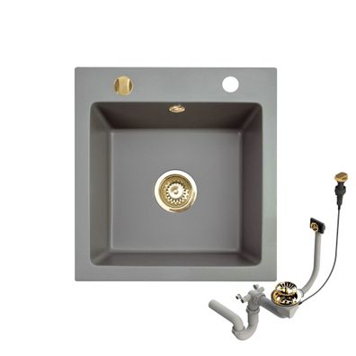 Granitspüle Küchenspüle Granit Siphon Gold Einbauspüle Spüle 48x50cm Grau