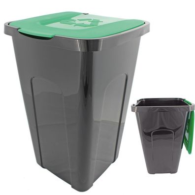 Abfalltonne Recycling, 50 Liter, 56 x 36 x 36cm, Mülleimer Tonne Schwarz, Deckel GRÜN