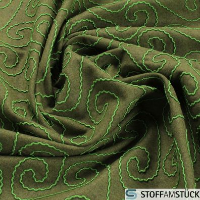 Stoff Wolle Polyamid grün Stickerei Mäander angeraut JAB WE7154/030 Decke
