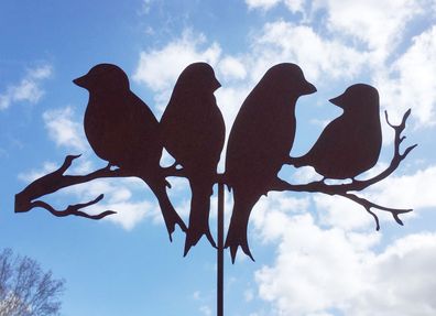 4 Vögel auf Zweig 50x26cm + Stab Gartenstecker Vogel Rost Edelrost Gartendeko