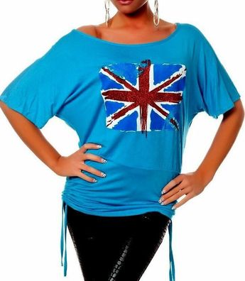 Sexy Miss Damen lässiges Shirt Top Union Jack Flagge Glitzer Style 34/36/38 türkis