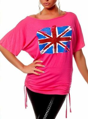 Sexy Miss Damen lässiges Shirt Top Union Jack Flagge Glitzer Style 34/36/38 pink