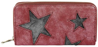 Damen Geldbörse aus Kunstleder 19 x 10 cm - Rot - Sterne grau