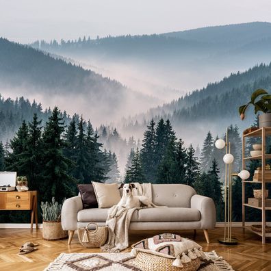 Vlies Fototapete Wald Berge Nebel Panorama Natur TAPETE XXL Wohnzimmer Schlafzimmer