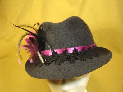 Damenhut Trachtenhut Dirndlhut anthrazit mit Borte schwarz pink DH328 p