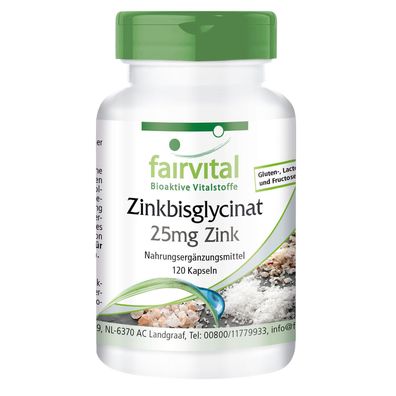 Zinkbisglycinat mit 25mg Zink 120 Kapseln organische Form - fairvital