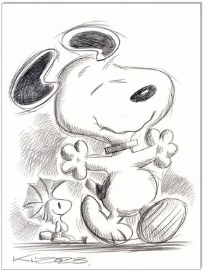 Klausewitz: Original Kreidezeichnung : Peanuts Snoopy & Woodstock / 24x32 cm
