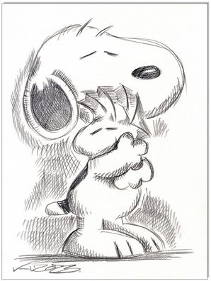 Klausewitz: Original Kreidezeichnung : Peanuts Snoopy & Woodstock / 24x32 cm