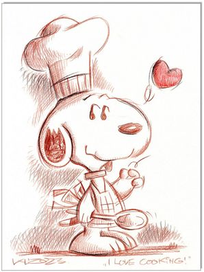 Klausewitz: Original Rötelzeichnung : Peanuts Snoopy I love cooking! / 24x32 cm