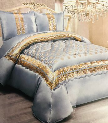 Medusa Bettwäschen Set 3 TLG. 230x250cm Luxus Tagesdecke mit Kissen Grau-Gold