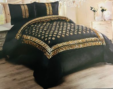 Medusa Bettwäschen Set 3 TLG. 230x250cm Luxus Tagesdecke mit Kissen Schwarz-Gold