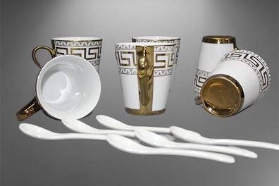 Mäander Kaffeetassen Kaffeeservice mit Löffel für 6 Personen Tassen Porzellan