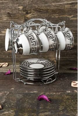 Kaffeetassenset für 6Personen Porzellan mit Metallständer Serviergeschirr Medusa
