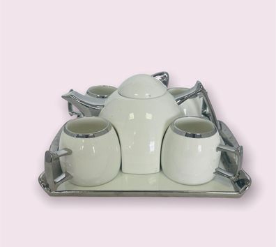 Teekannenset für 4 Personen Weiß-Silber mit Tablett Serviergeschirr Teegeschirr