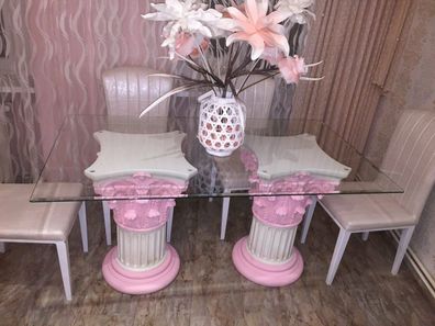 LOLA Esstisch Konferenztisch Weiß-Rosa Vintage Style Antik Barock Medusa Mäander