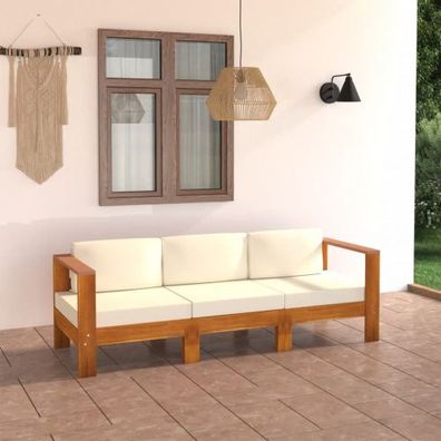 3-Sitzer-Gartensofa Berit mit Cremeweißen Auflagen Massivholz Akazie
