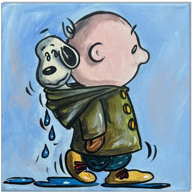 Klausewitz: Original Acryl auf Leinwand: Charlie & Snoopy rainy Days / 20x20 cm