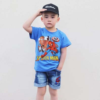 2er Set Jungen Anzug Marvel Spiderman Druck T-shirt Denim Hose Kinder Hausanzug