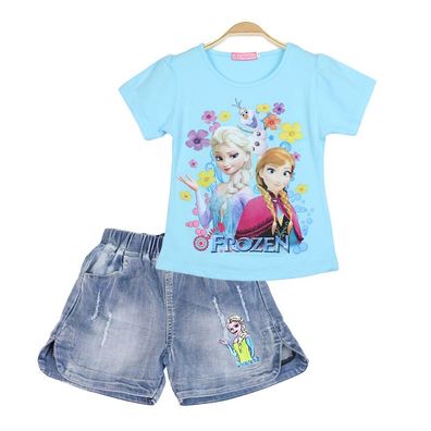 2er Set Mädchen Anzug Frozen Elsa Anna Druck T-shirt Denim Hose Kinder Hausanzug