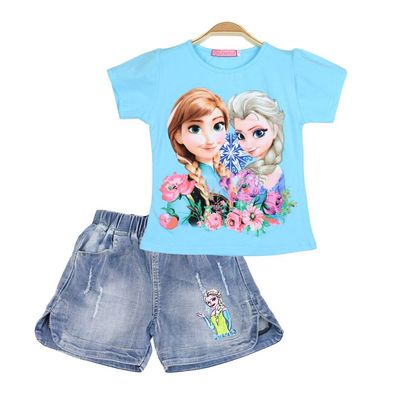 2er Set Mädchen Anzug Elsa Anna Frozen Druck Tshirt Denim Hose Kinder Hausanzug