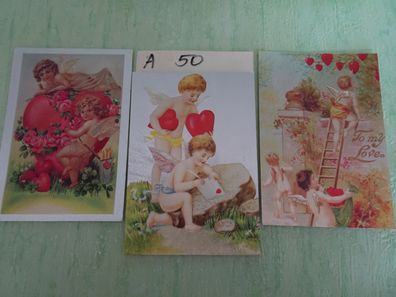 3 ältere Postkarten AK Metallicgravur Engel mit Herz